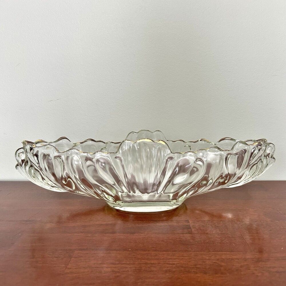 Vintage 1950's Jeannette Glass Gondola Fruit Bowl Gold Colored Trim 16" Long